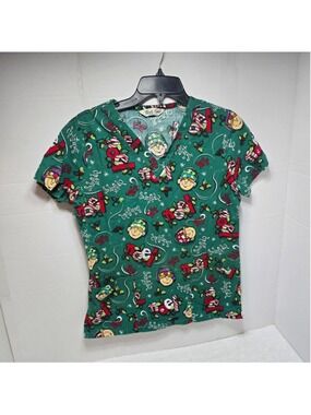 Women's Comfy Cotton Christmas Scrub Top M Green Red Noel Print